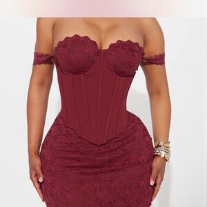 Elegant Burgundy Lace Off-Shoulder Dress